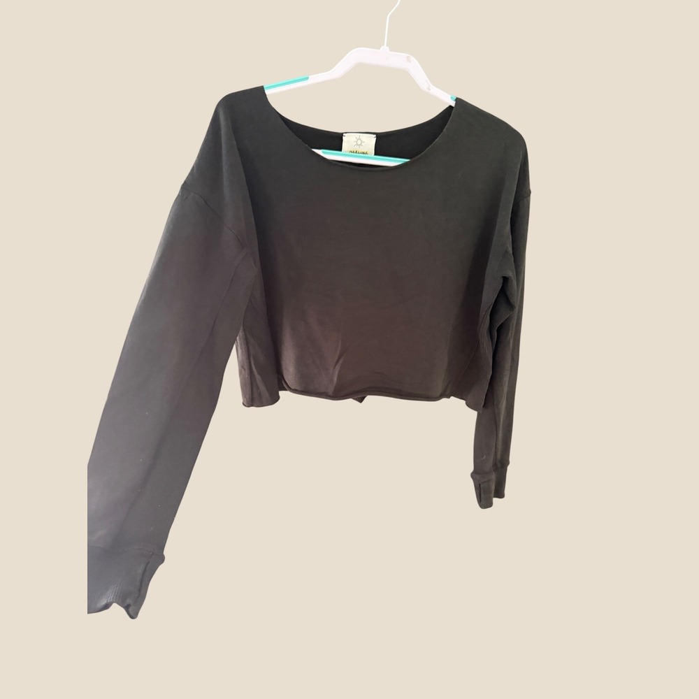 OFFLINE by Aerie Women Black Cropped Long Sleeve Ribbed Side Panel Top Small